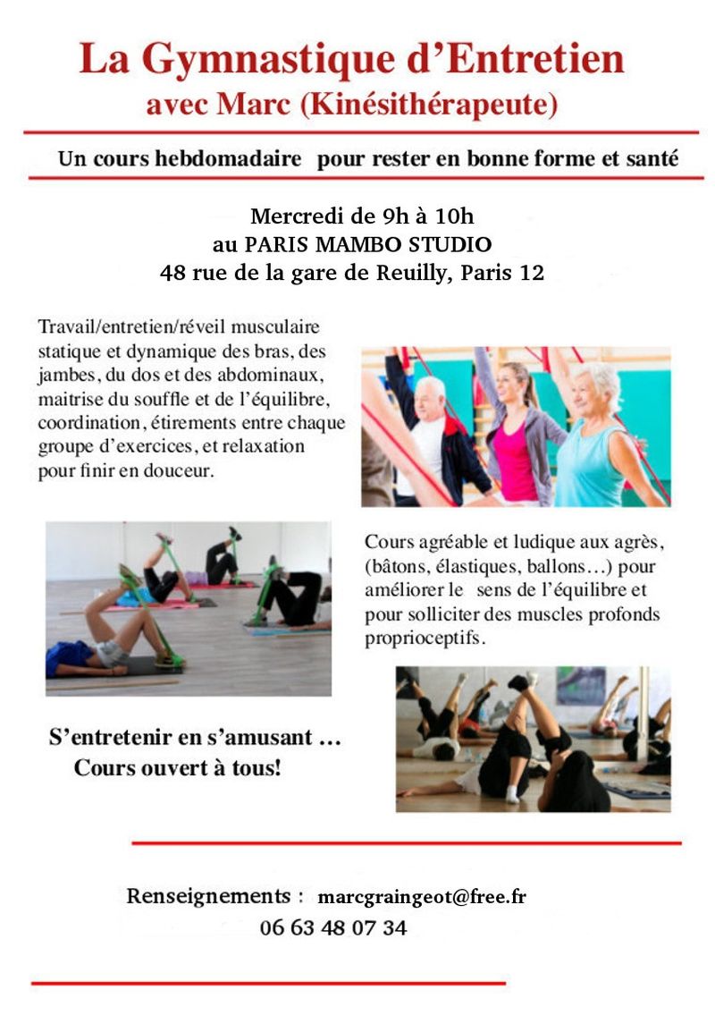 Pratiquer un cours de remise en forme, de gym douce, gym d'entretien et danse improvisation à Paris 12ème - Saison 2023/2024